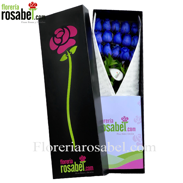 Caja Negra con 12 Rosas Azules
