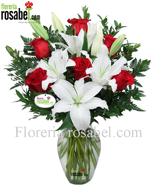 Jarron con rosas rojas y liliums blancos 